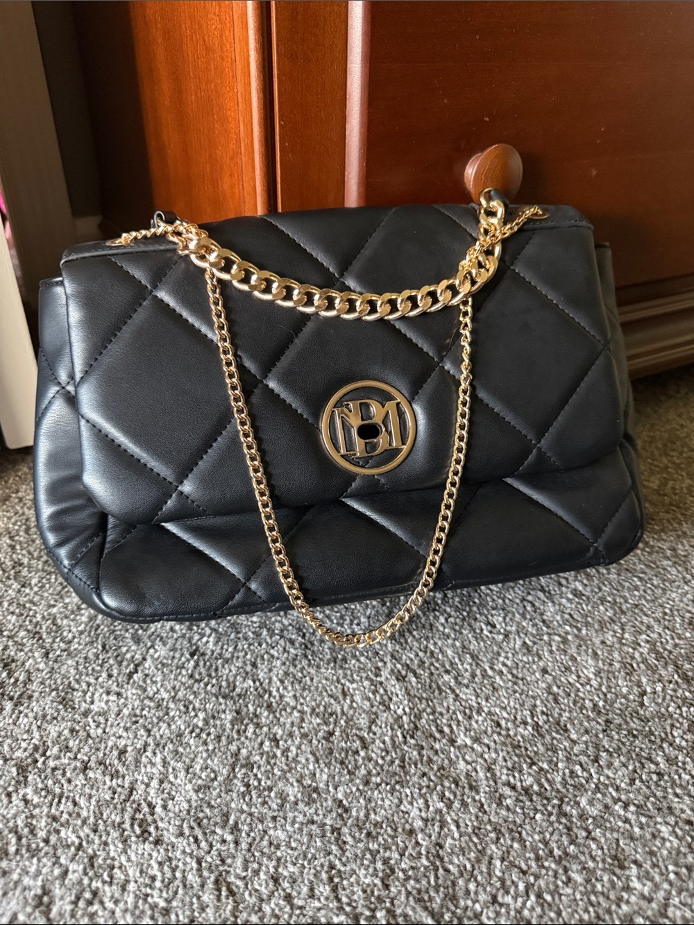 Badgley Mischka Quilted Black Chain Shoulder Bag with Gold Hardware